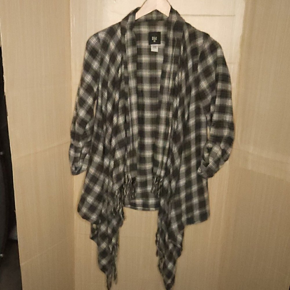 Billabong Womens Blue Plaid Fringe Cotton Open Front Top Medium